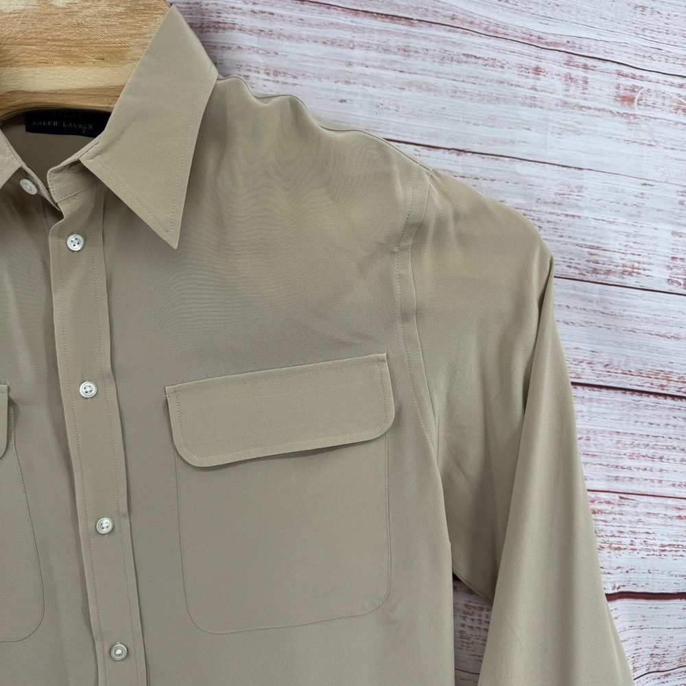 Polo Ralph Lauren Shirt Blouse‎ Size 14 Tan Mulberry Silk Button Down Pockets - Picture 3 of 9